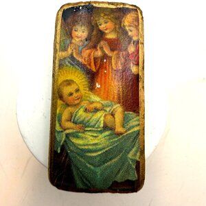 Vintage Religious Nativity Baby Jesus Brooch – Rectangular Decoupage Style